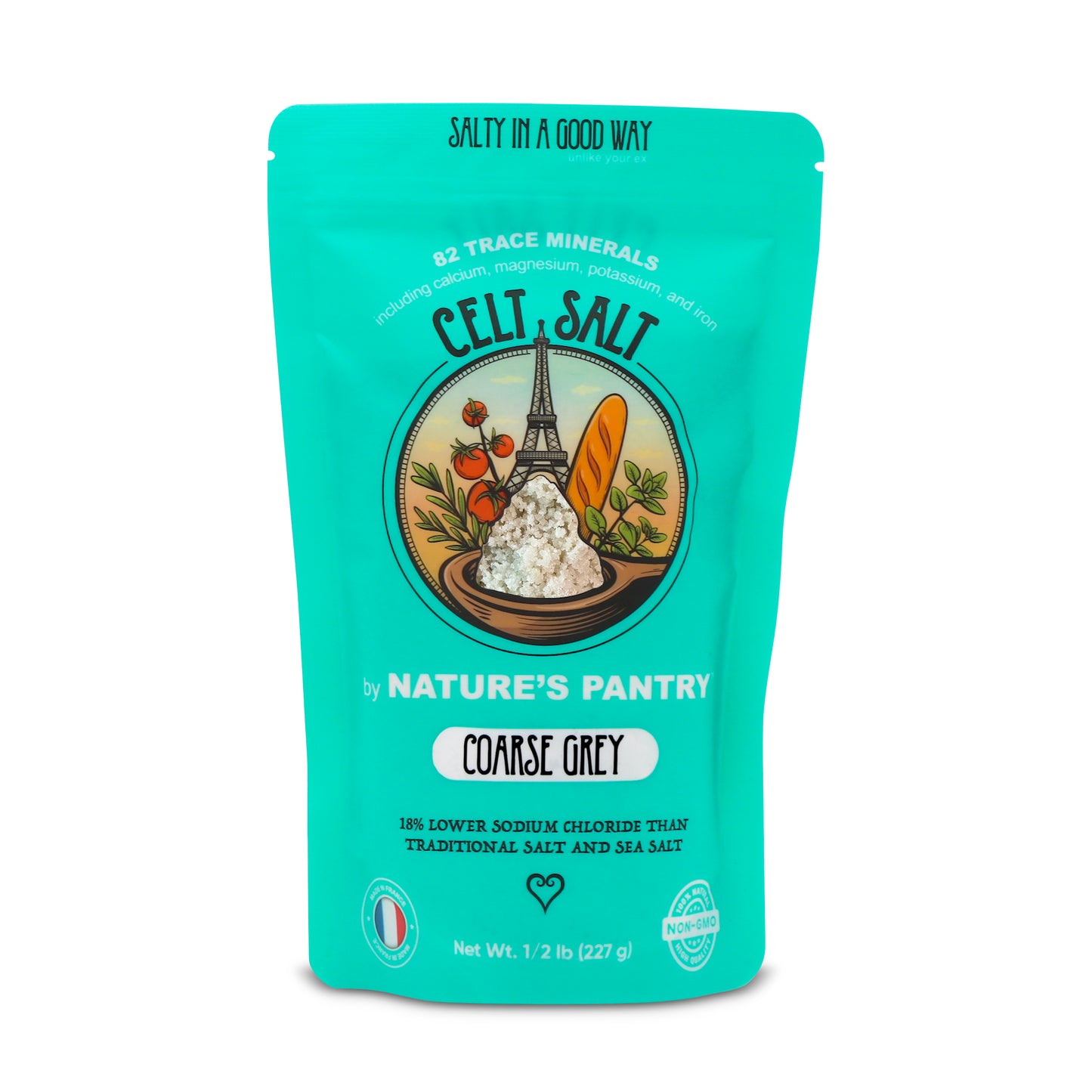 Celtic Salt- Coarse Light Grey- 1/2 lb (8oz) Resealable Bag + 8 oz Shaker