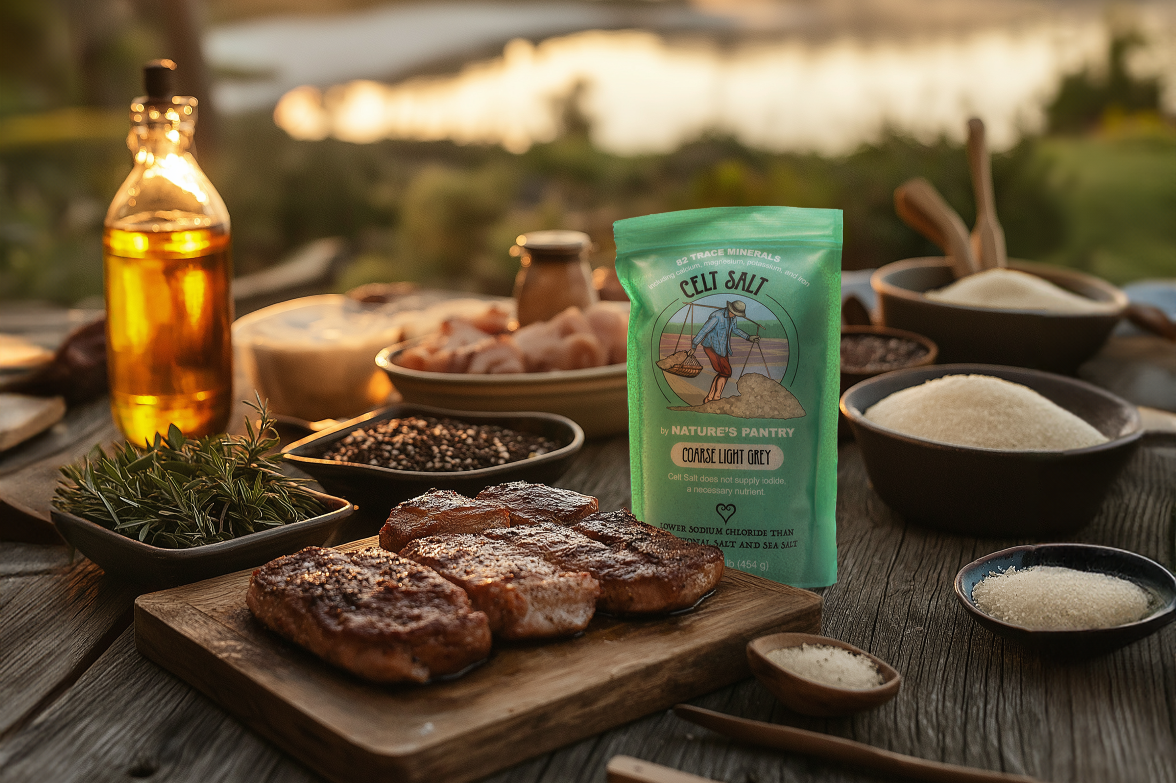 Table with steak and Celtic Salt