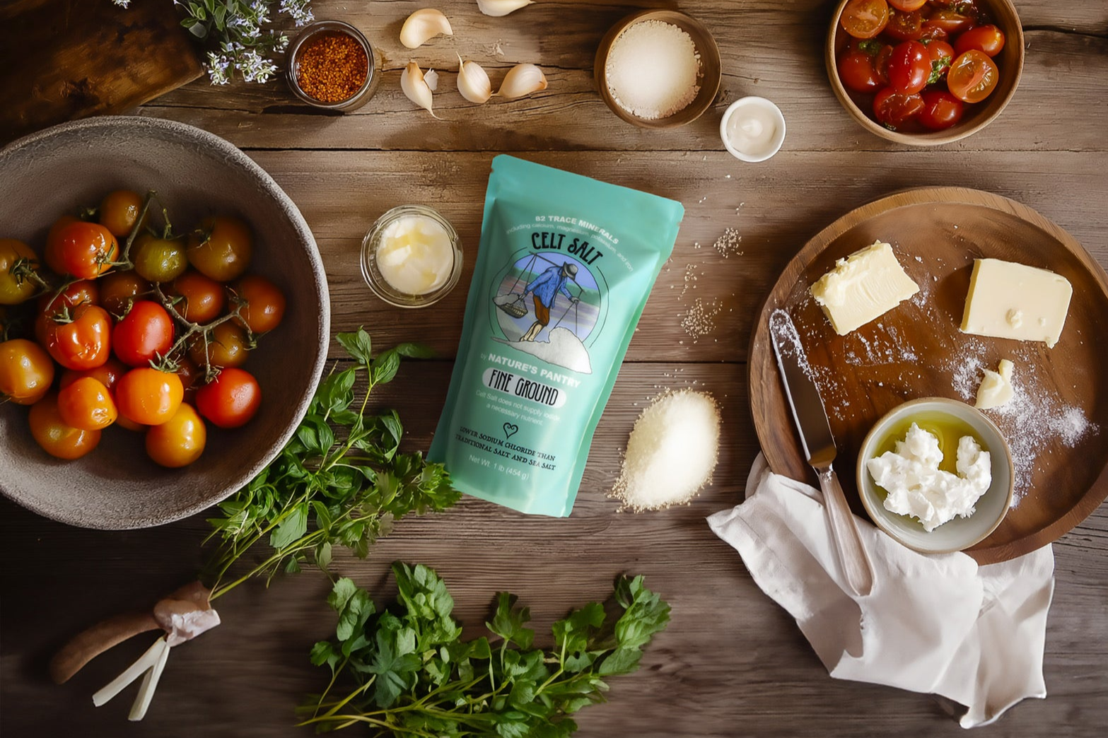 Table full of ingredients and Celt Salt