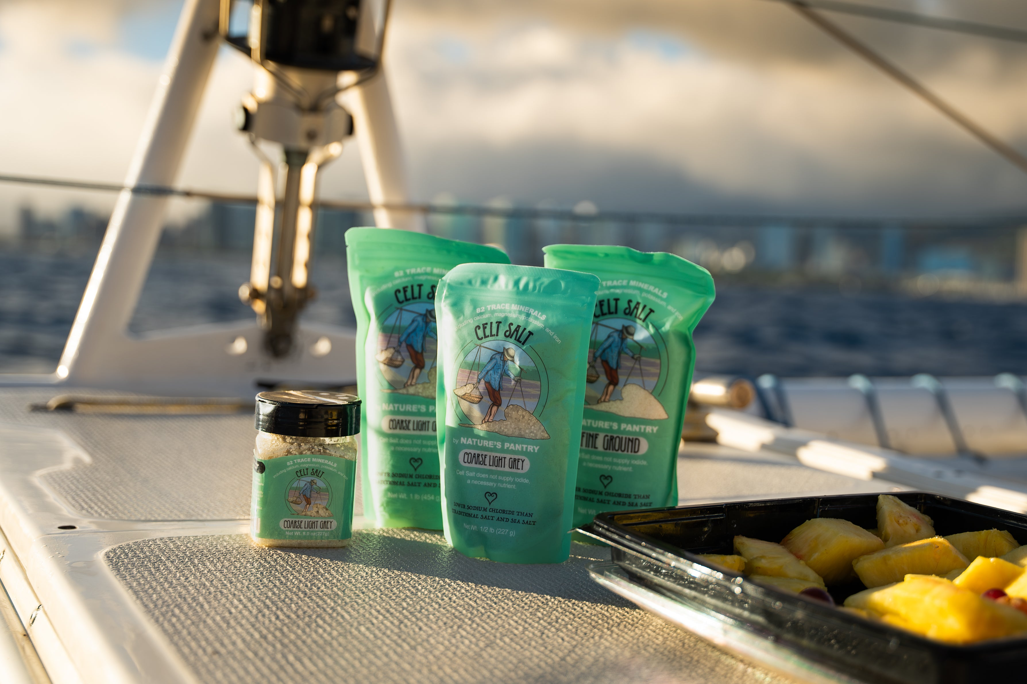 table filled with Celt Salt By Nature's Pantry sea salt products